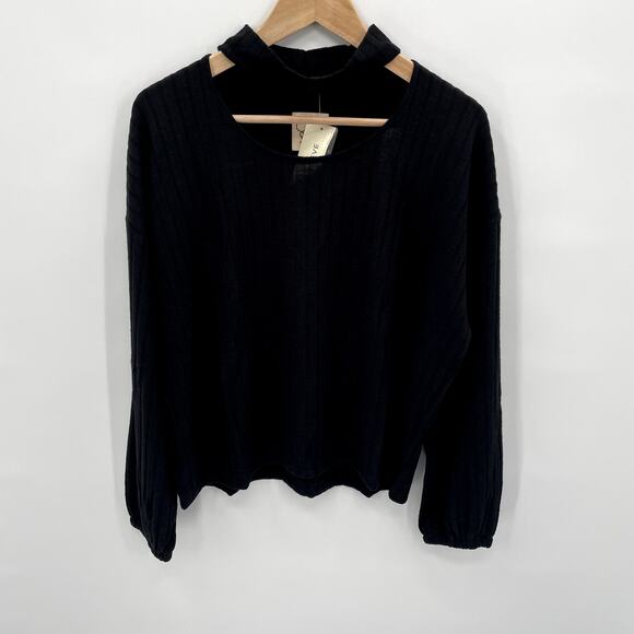 CHASER x EVEREVE NWT Black Ribbed Cutout Mock Neck Long Sleeve Top // M - Picture 5 of 11